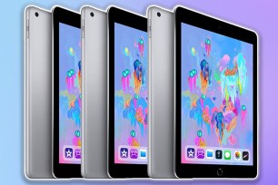 iPads repeat on a purple and blue background.