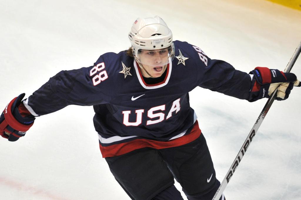 Patrick Kane celebrates a goal for Team USA at the 2010 Winter Olympics.