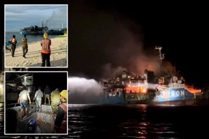 A MV Lady Mary Joy passenger vessel sits on the shore of Basilan island, southern Philippines, on March 30, 2023.