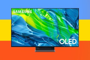 Large Samsung flatscreen on a striped background.