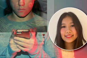 A collage of a 13-year-old girl using her smartphone and a picture of Avery Vukhac