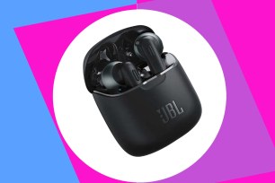 Black earbuds on a blue, pink, and purple background