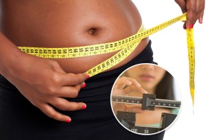 Woman wrapping measuring tape around her waist. (Inset) a woman weighing herself on a medical scale.