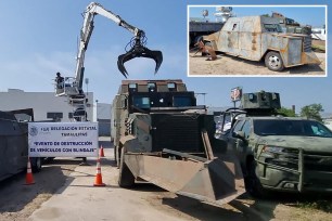 Cartel "monster" trucks seized by Mexican government destroyed near Texas border.