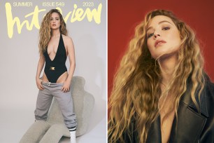 Jennifer Lawerence on Interview Magazine cover on left, close up portrait on red background on right