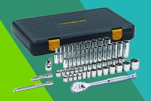 56-piece socket set on a green and blue striped background.