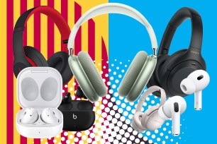 Sale headphones on a colorful background.