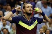 Daniil Medvedev reacts after defeating Carlos Alcaraz in the menâs singles semifinals at the U.S. Open tennis championships, Friday, Sept. 08, 2023