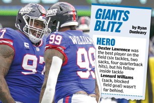 The Giants' defense, led by Dexter Lawrence and Leonard Williams, recorded six sacks Sunday.