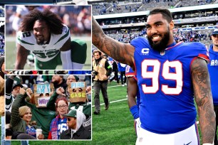 Leonard Williams celebrates after a Giants game; with the Jets; Jets and Giants fans 