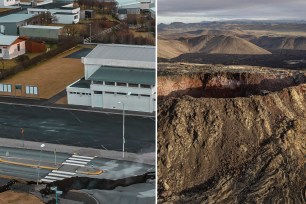 Road cracked in Iceland, left, as mini earthquakes hit Grindavik, left; mountains in the region shown from above at right