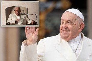 pope francis waving, pope francis at a microphone