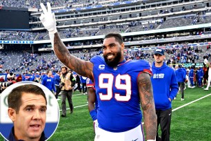 Leonard Williams smiles walking off the field after a Giants win; inset: Joe Schoen