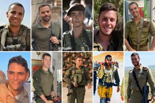 The 10 IDF casualties, from top left: Lt. Col. Tomer Greenberg, 35, Col. Yitzhak Ben Bashet, 44, Sergeant Eran Aloni, 19, Sergeant Ahya Daskal, 19, Major Moshe Avraham Bar-On, 23, Major General Rom Hecht, 20, Major Ben Sheli, 26, Roy Meldasi, 23, Sergeant Uriah Yaakov, Capt. Liel Haiu, 22