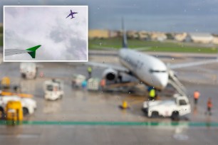 two planes flying in the sky; officials surround a plane on the tarmac