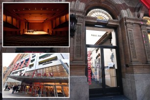 Stage at Alice Tully Hall with empty seats and some performers in distance on stage, top right; Kaufman music center exterior, bottom left; entrance of Weill Recital Hall at Carnegie Hall, right.