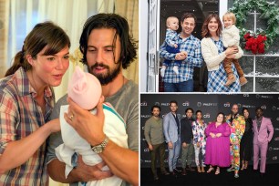 mandy moore in a scene with milo ventimiglia in this is us; the this is us cast; mandy moore with her husband and two kids