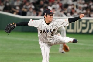 Japan relief pitcher Yuki Matsui throws during the eighth inning of the first round Pool B game between South Korea and Japan at the World Baseball Classic at Tokyo Dome in Tokyo on March 10, 2023. 