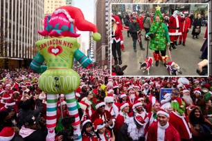 SantaCon 2023 crowds seen with inflatable over the crowd; inset of woman dressed as Christmas tree and her pups dressed as presents.