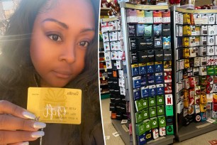 (Left) Asia Grace holding her compromised Vanilla Visa gift card. (Right) A gift card display at a Walgreens in Edison, New Jersey.