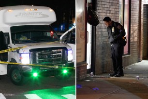 A dollar van at the crime scene in Flatbush, where a 28-year-old man was shot in the chest and an officer searches for clues in Harlem, on Lexington Avenue and East 122nd Street, where a 55-year-old man was shot in the left leg.