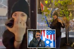 Clockwise: A surveillance still shows an unidentified woman as she flips the middle finger to staff at Hummus Kitchen on the Upper East Side Sunday night. The woman also attempted to cover a blended Israel/US flag; Maor Onono, co-owner of the kosher eatery, poses at the Upper East Side location.