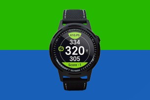 GOLFBUDDY Aim W10 GPS Golf Watch on a green and blue background.