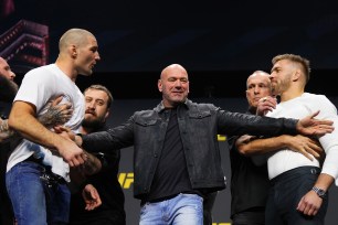 Sean Strickland and Dricus du Plessis face off during the UFC 2024 seasonal press conference in December.