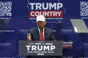 Republican Presidential Candidate former U.S. President Donald Trump speaks during a campaign rally at Simpson College on January 14, 2024 in Indianola, Iowa.