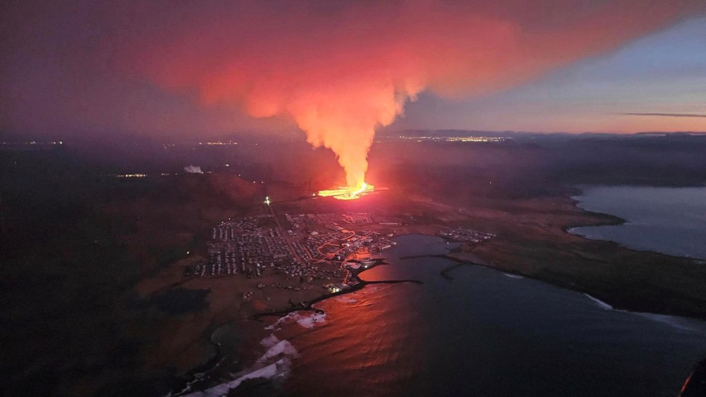 A volcano spews lava and smoke as it erupts in Reykjanes Peninsula, Iceland, January 14, 2024.