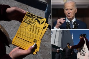 President Joe Biden, Simrand Thind holds a Leave it Blank flyer outside of Masjid Al-Abidin on March 29, 2024