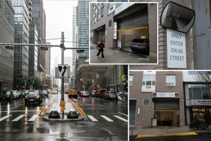 A collage of a street scene featuring cars and buildings, parking garages