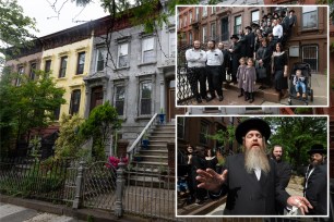 A couple of brownstones at left, an Orthodox Jewish man with a long beard and hat at bottom right, and dozens of Orthodox Jewish-dressed people stand on steps.