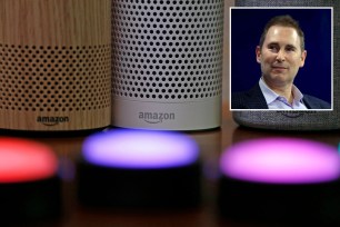 Amazon CEO Andy Jassy and Alexa device