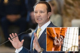 Louisiana Gov. Jeff Landry addresses members of the House and Senate on opening day of a legislative special session focusing on crime, Monday, Feb. 19, 2024