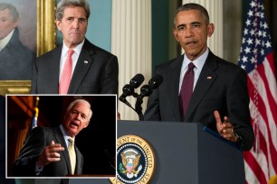 (L-R) Attorney General Loretta Lynch and Secretary of State John Kerry look on as U.S. President Barack Obama makes a statement after meeting with his National Security Council at the State Department, February 25, 2016 in Washington, DC.