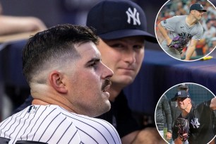 Carlos Rodon looks out of the Yankees dugout with Gerrit Cole; insets: Rodon pitches in Houston, works out in spring training