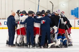 The Rangers, who are now carry the hopes of other New York teams that fell just shorts after big playoff runs, huddle up at the end of practice in preparation for their Eastern Conference Final showdown vs. the Panthers, which begins Wednesday.