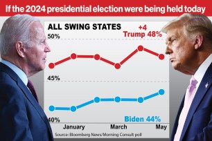 Donald Trump and Joe Biden in suits looking at a graph.