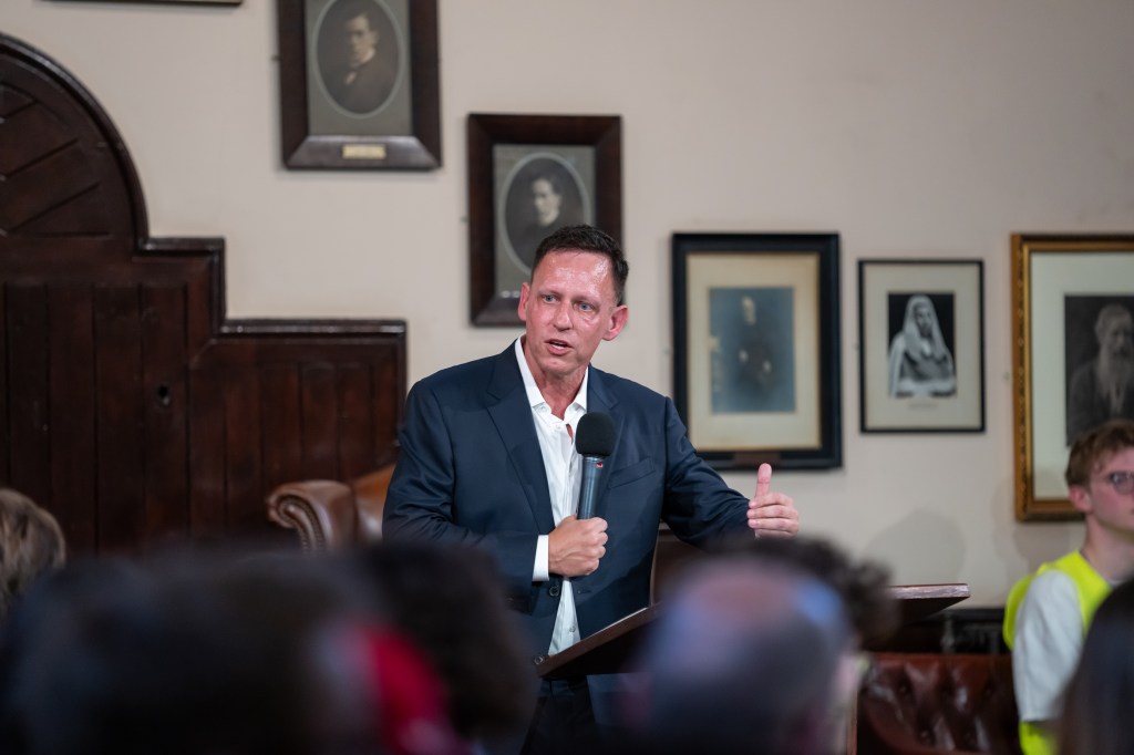 Peter Thiel giving a speech at The Cambridge Union in Cambridge, Cambridgeshire on May 08, 2024.