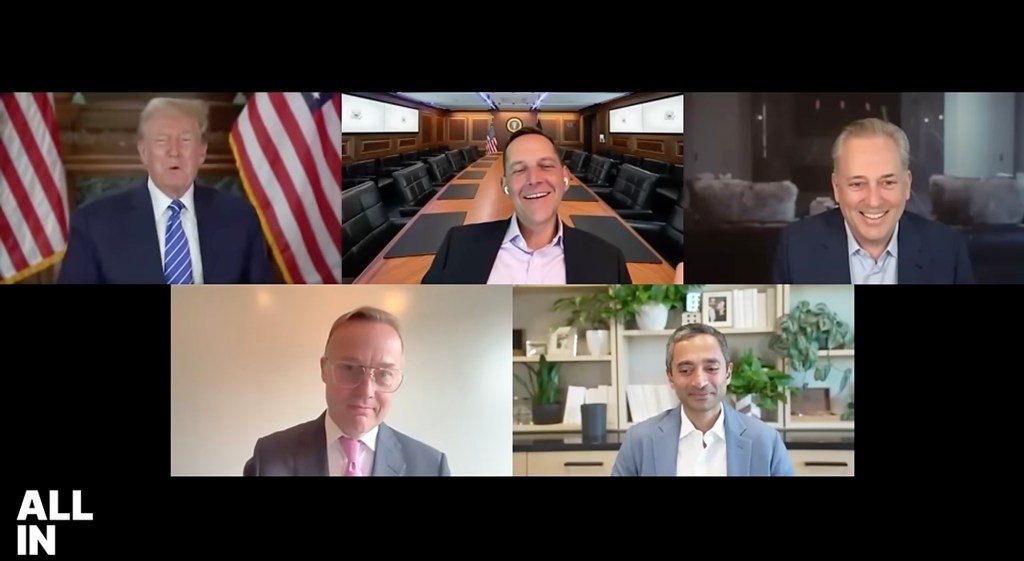 Jason Calacanis, David O. Sacks, Donald Trump, and Chamath Palihapitiya in suits during a conversation on All-In Podcast