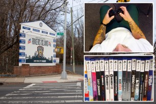 Sign on a street showing Rikers, overhead shot of an inmate with a video game controller, library of Playstation video games