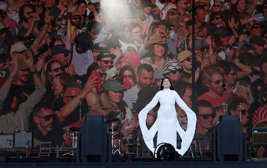 Serbian creative artist Marina Abramovic wears a dress of the peace symbol.