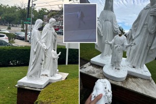 A composite photo of Jesus, Mary and Joseph statues outside Holy Family Church in Fresh Meadows, Queens