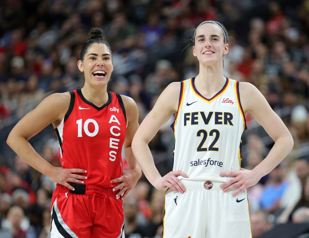 Kelsey Plum (10) and Caitlin Clark (22) during the Aces-Fever clash on July 2, 2024.