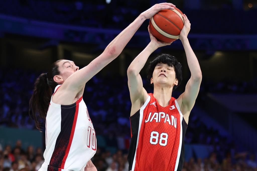 Breanna Stewart #10 of Team United States blocks Himawari Akaho #88 of Team Japan during the Women's Group Phase - Group C game between Japan and United States on day three of the Olympic Games Paris 2024 at Stade Pierre Mauroy on July 29, 2024 in Lille, France. 