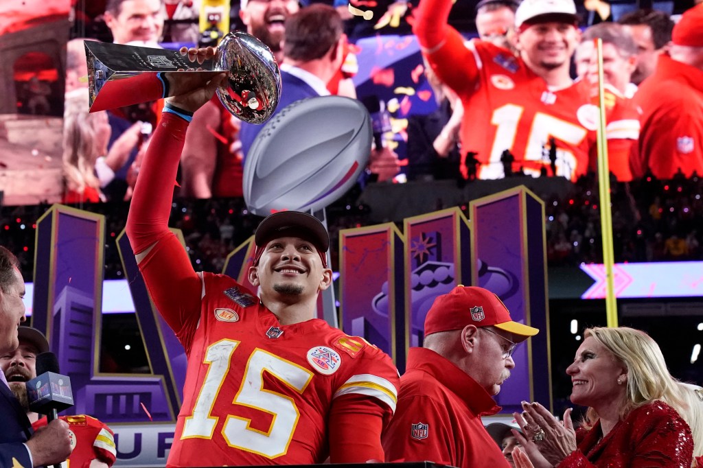 Patrick Mahomes holds the Lombardi Trophy.