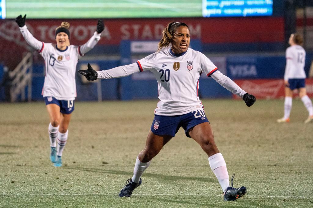 Catarina Macario (20) and midfielder Ashley Sanchez (13) celebrate Macario's goal during the first half of a She Believes Cup soccer match against Iceland at Toyota Stadium in 2022.