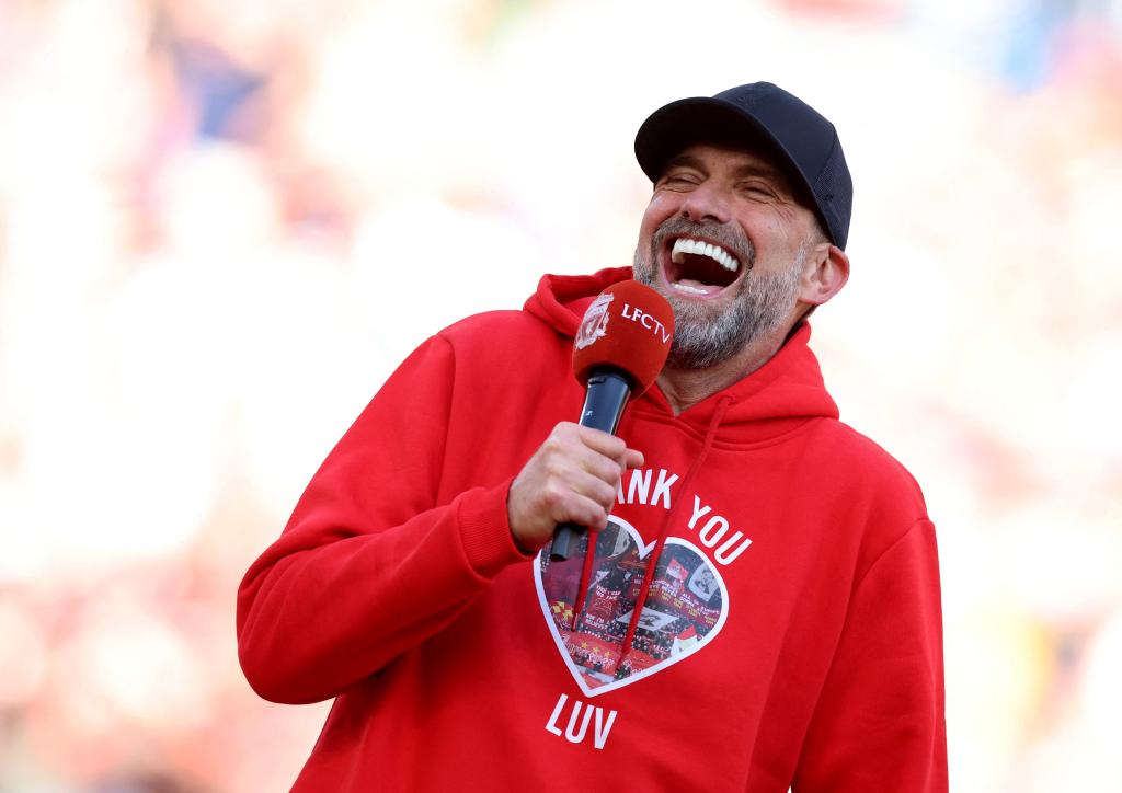 Liverpool manager Juergen Klopp reacts as he gives a speech after his last match as Liverpool manager 