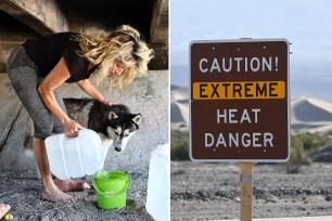 Michelle Chapman, a homeless woman in Palm Springs, leans over preparing to bathe husky, seen behind her, with jug of water and bucket amid heat wave; at right, sign reading "caution extreme heat danger"